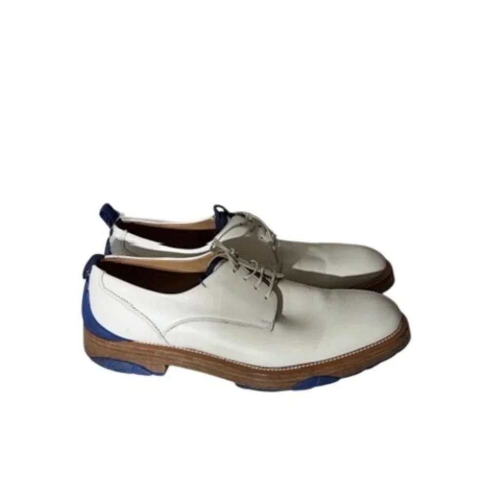 Salvatore Ferragamo Mens White Leather Blue Accent Derby Shoes UG84723 Size 10.5